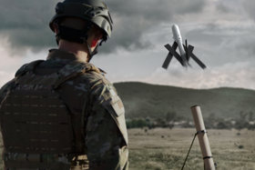 A one-way attack UAS leaving its launch tube.