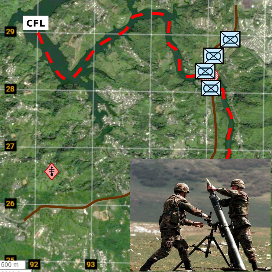 Friendly units concentrated at the crossing, with the enemy mortar platoon in depth to the west.