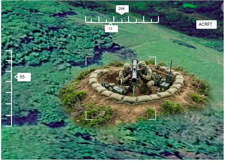 Long-range ISR sensor video of a sandbagged fighting position on a low rise. Two soldiers crew a missile launcher on a tripod, with a control unit beside them.