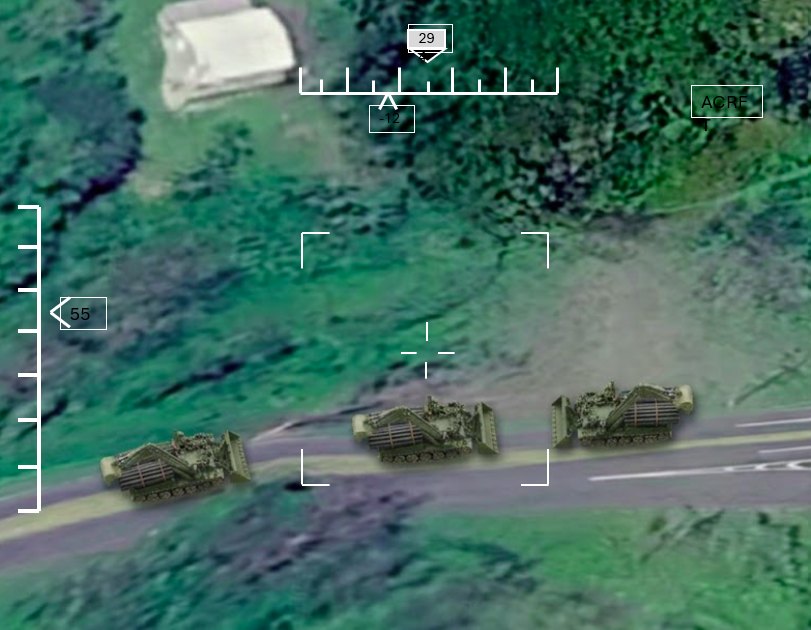 Long-range ISR sensor video of three armoured engineering vehicles halted in line on a road beside a treeline, with a building beyond.