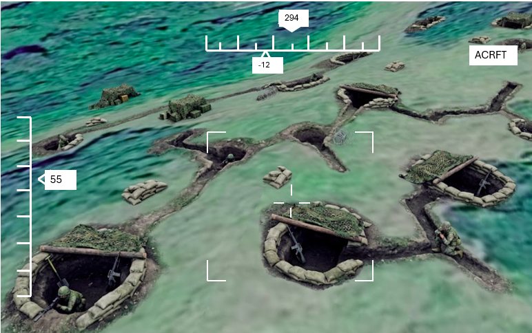 Long-range ISR sensor video of a trench line with several covered fighting positions. Machine guns are visible in two of them and soldiers are in the trench.