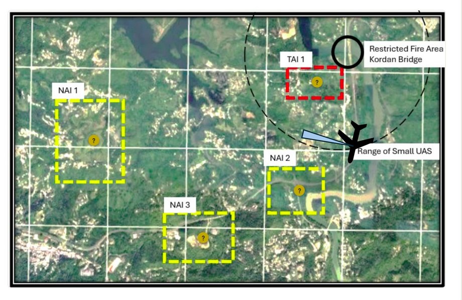 The same sector. The long-range ISR UAS has moved south-west of TAI 1 and its sensor is turned ahead of it, onto the ground between TAI 1 and NAI 2.