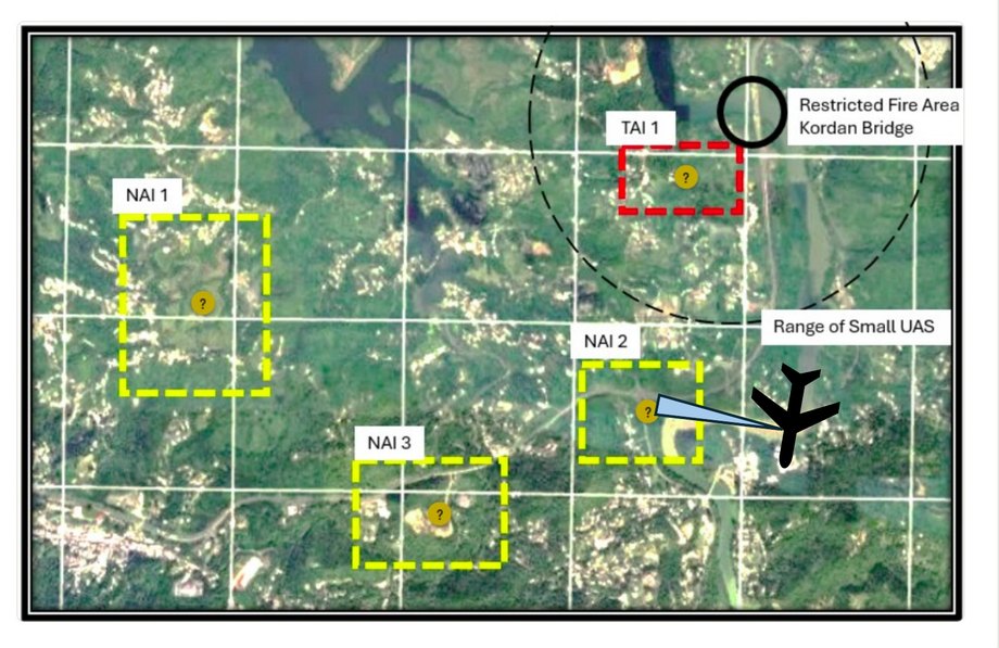 The same sector. The long-range ISR UAS has reached NAI 2 in the east and its sensor is turned onto the ground inside the box.