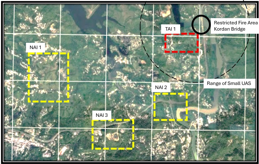 A crop of the ground west of the Kordan River bridge with three NAIs and one TAI marked. NAI 1 is a yellow box in the west of the picture, NAI 2 a yellow box in the east, NAI 3 a yellow box in the south. TAI 1 is a red box in the north east, just outside a small solid circle marking the restricted fire area at the bridge. A black dashed circle marks the range of the small UAS.