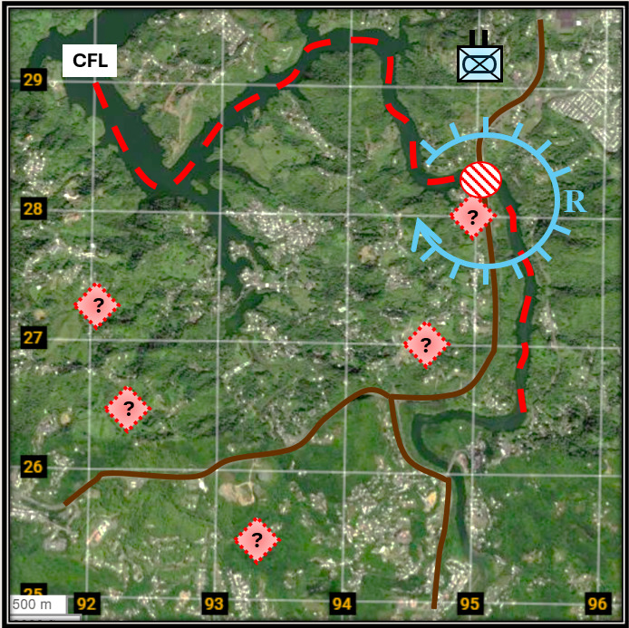 Situation map of the Kordan bridge sector, showing the coordinated fire line, the restricted fire area and the retain task at the bridge, and the suspected enemy locations.