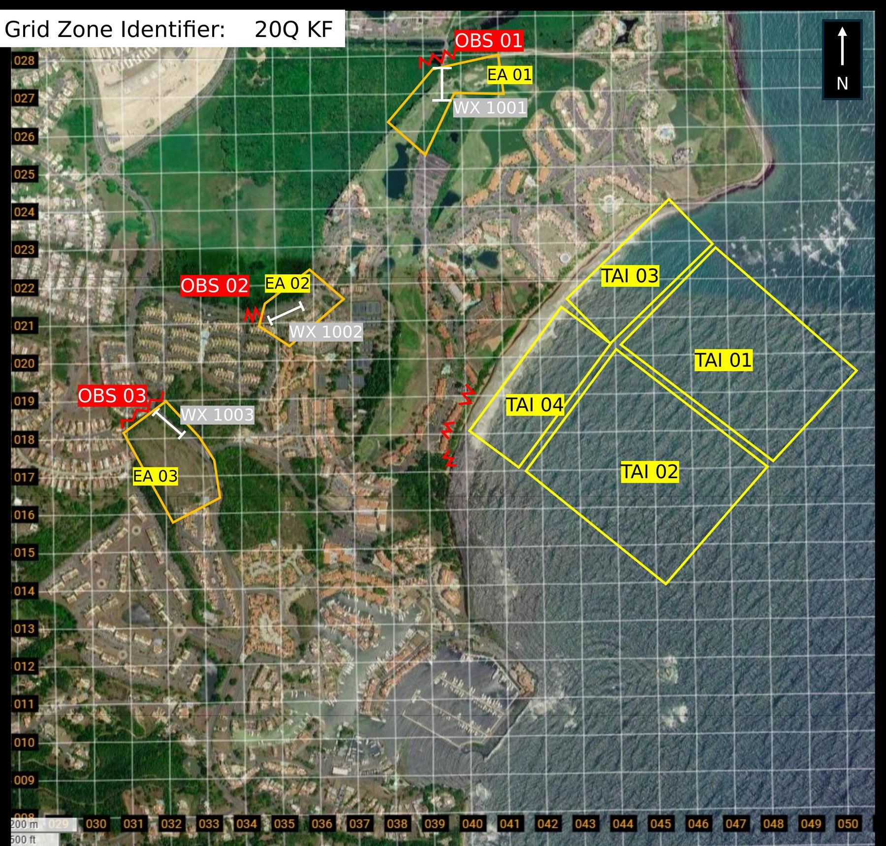 The operation map: grid, obstacles, engagement areas, target areas and preplanned targets.