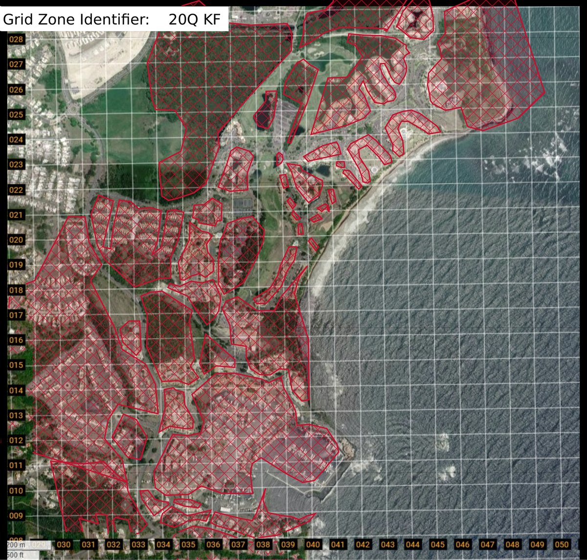 Map of the objective area with restricted terrain hatched in red.